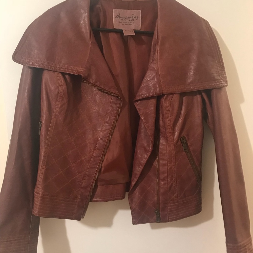 Brown Faux Leather Bomber Jacket